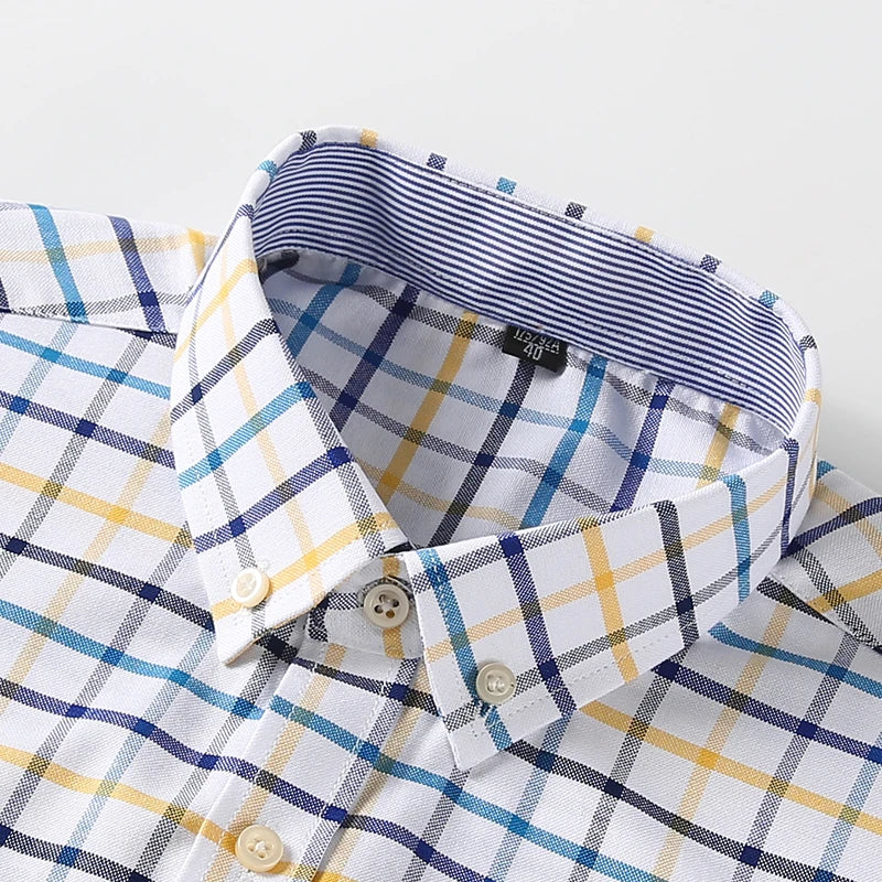2025 Men's Social Shirt Pure Cotton Oxford Luxury Brand Thin Soft Buttoned Plaid Formal Work Western Clothing