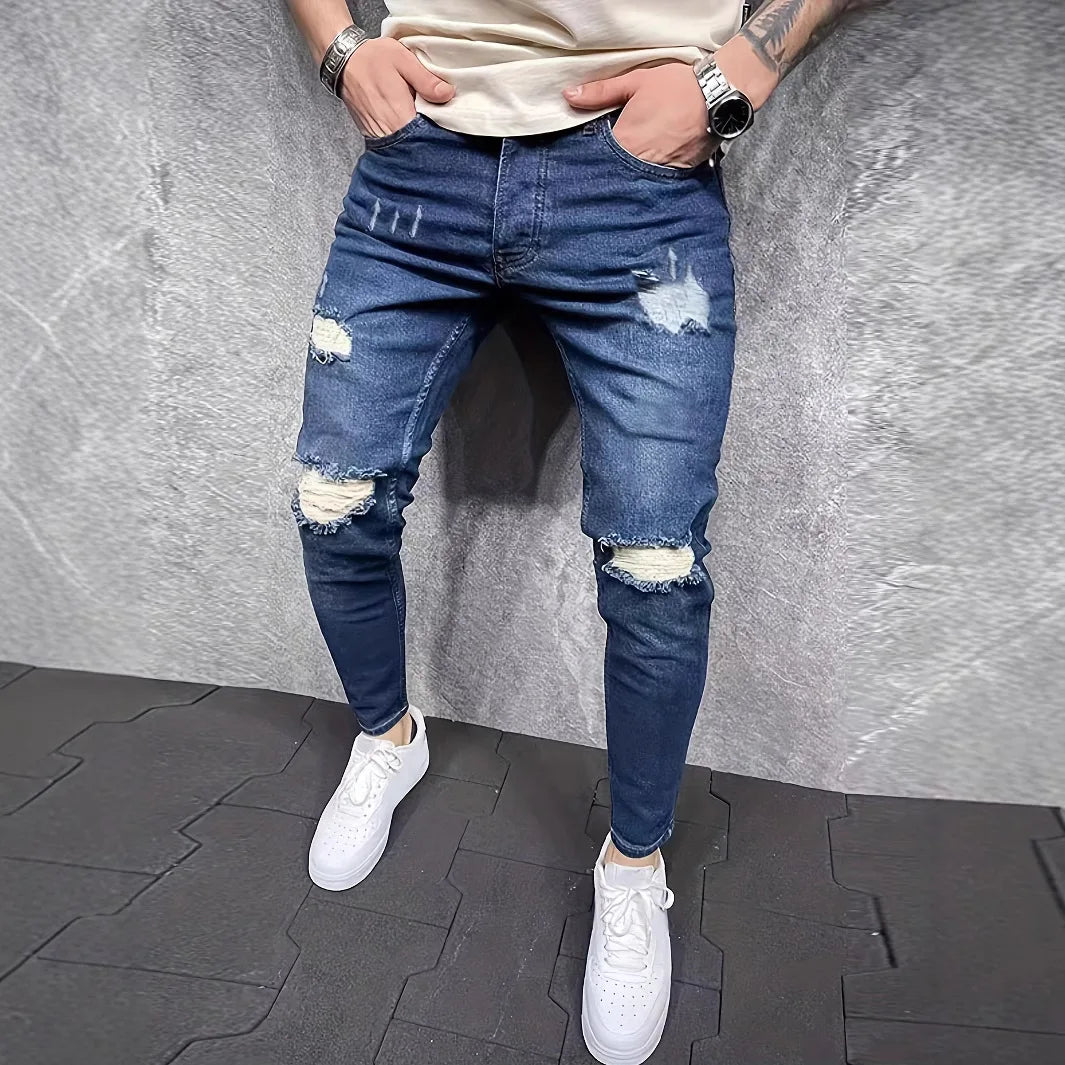 New Men's Fashion Ripped Skinny Jeans Street Style Vintage Washed Solid Holes Denim Trousers Male Casual Slim Pencil Denim Pants