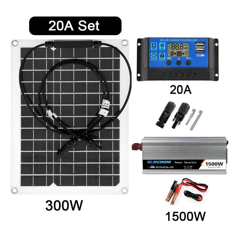 12V to 220V Solar Power System 300W Solar Panel 10A-100A Controller 1500W Modified Sine Inverter Complete Power Generation Kit