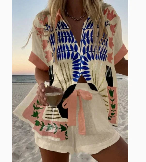 Fashion Print Beach Holiday 2 Piece Set Women Summer Short Sleeve Shirt Top Wide Legs Shorts Women's Oversize Two Piece Outfit