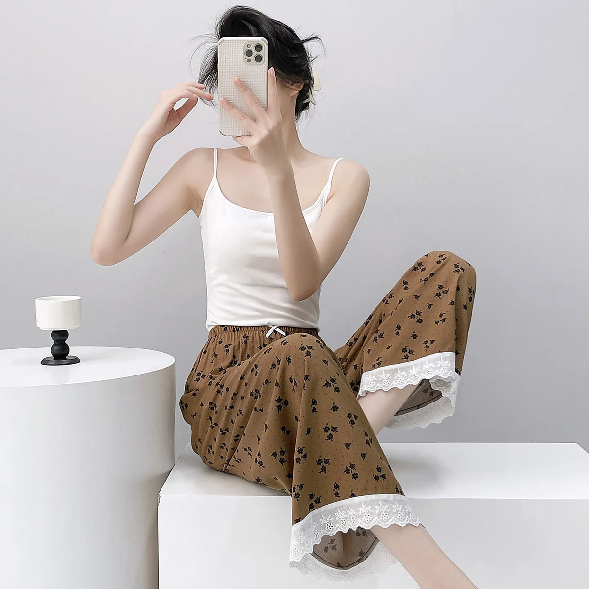 Women Viscose Casual Trousers With Lace Loose Pajamas Home Pants Thin Wide Leg Pants Fashion Oversized Sleep Bottom Korean Pants