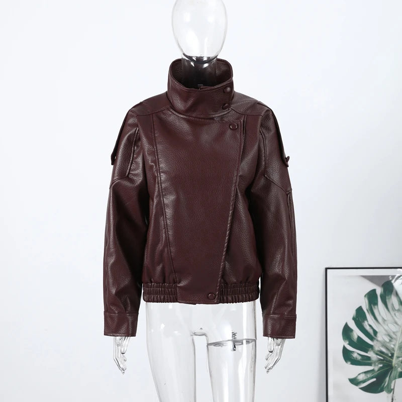 High Street Leather Jackets Women's Casual Double-breasted Turn Down Collar Loose Coats Elastic Waist 2026 Autumn New Outwear