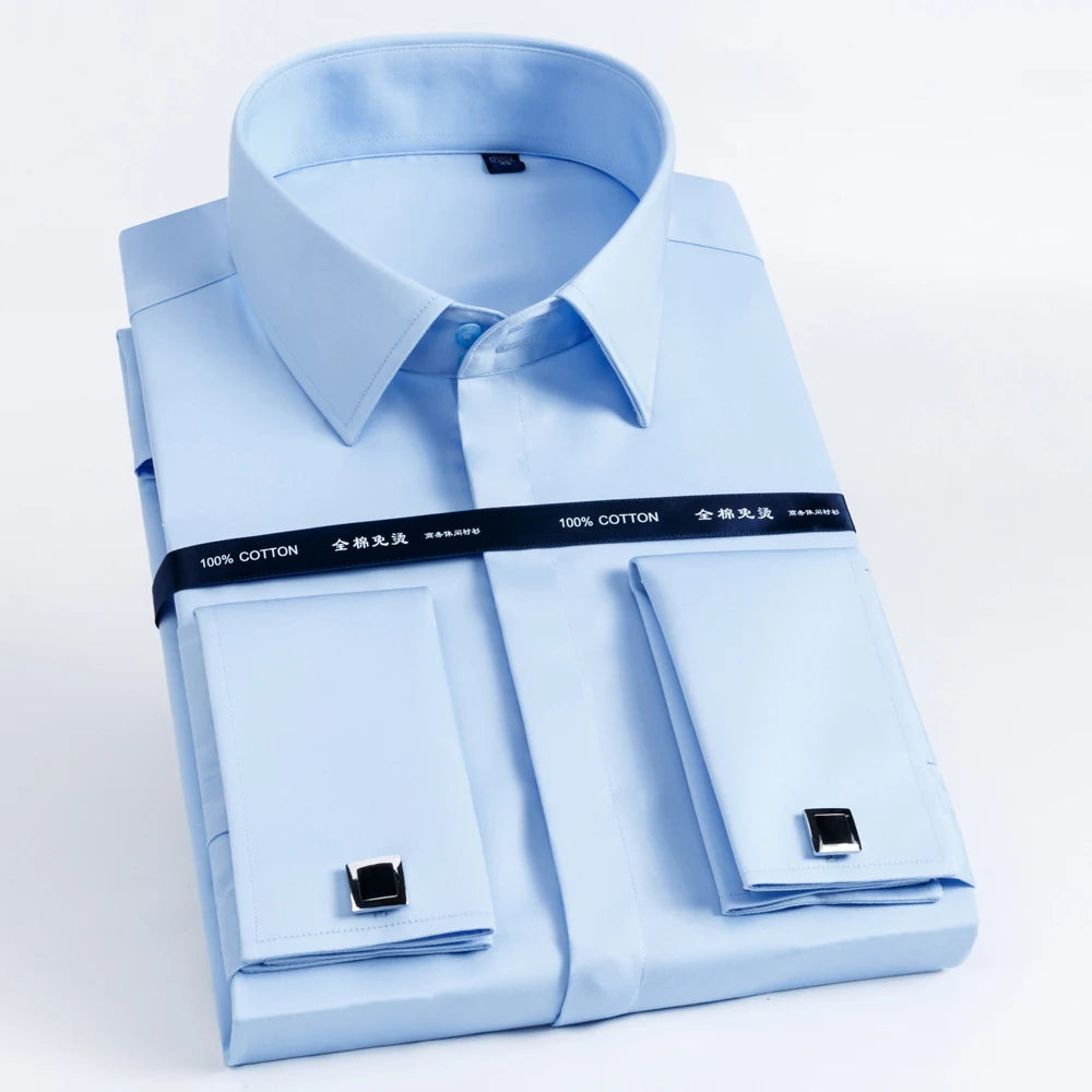 Men's 100% Cotton Iron-Free French Cuff Shirt Front Hidden Buttons Removable Collar Stays Formal Business Long Sleeve Shirts