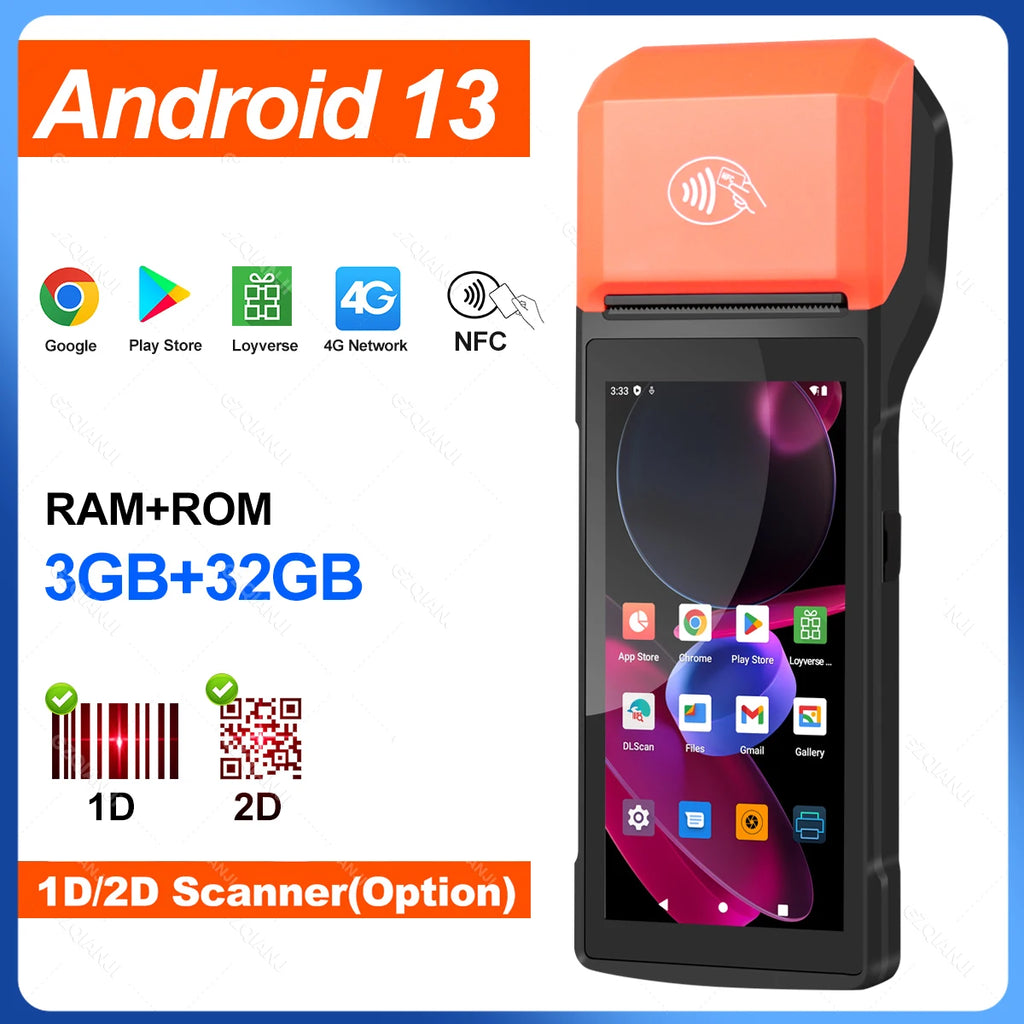 Android 14/13/11 3G 4G Handheld POS Terminal With 58mm Thermal Printer 1D 2D Scanner NFC Reader RAM3GB ROM32GB Mobile Device