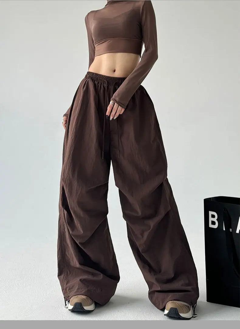 Women's Brown Parachute Pants 2026 Summer New Loose Straight Wide Leg Trousers Casual Quick Dry Cargo Pants Streetwear