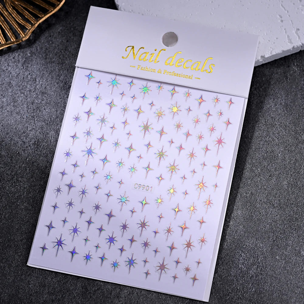 Luxury Diamond Gold Sliver 5D Bronzing Star Nail Sticker Shiny Laser Starlight Nail Decals 8*10cm Self-Adhesive Nail Decorations