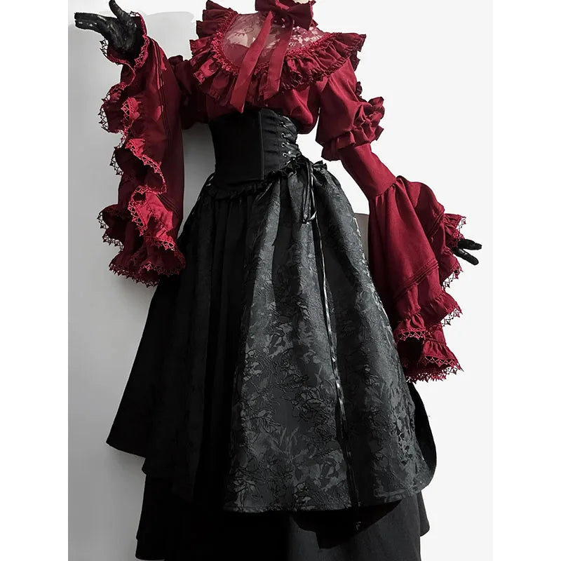 Halloween dress black and red Gothic style long shirt sleeve