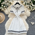 New Summer Women Sailor Collar Short Sleeve Knitted Dress Sundress Bow Lace Up Elatic Bodycon Pencil Vestidos Short Dress