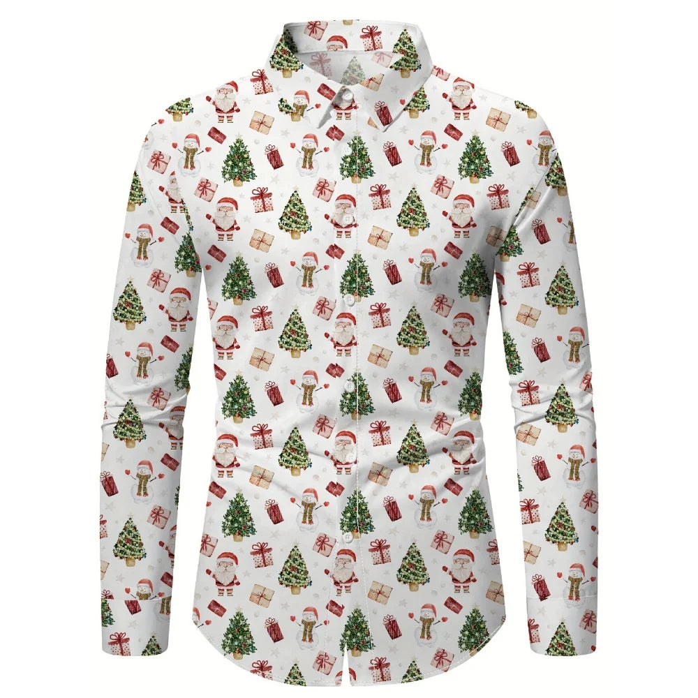 Christmas Festival Theme Men's 3D Printed Formal Shirts Christmas Tree Santa Claus Graphic Long Sleeve Shirt Fashion Men's Shirt