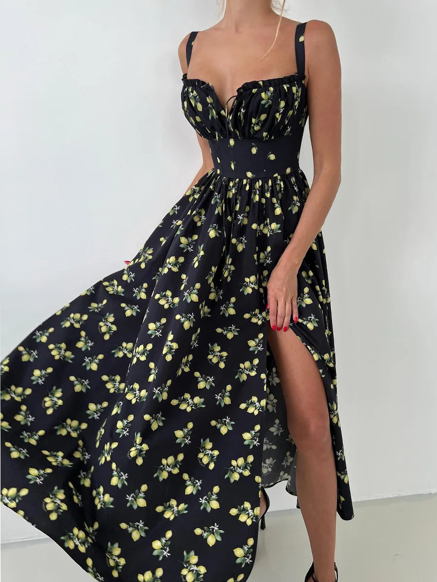 Bornladies 2025 Summer New Printing Cami Dress High Waist Slit Lemon Print Maxi Dress Vacation Long Dress For Women