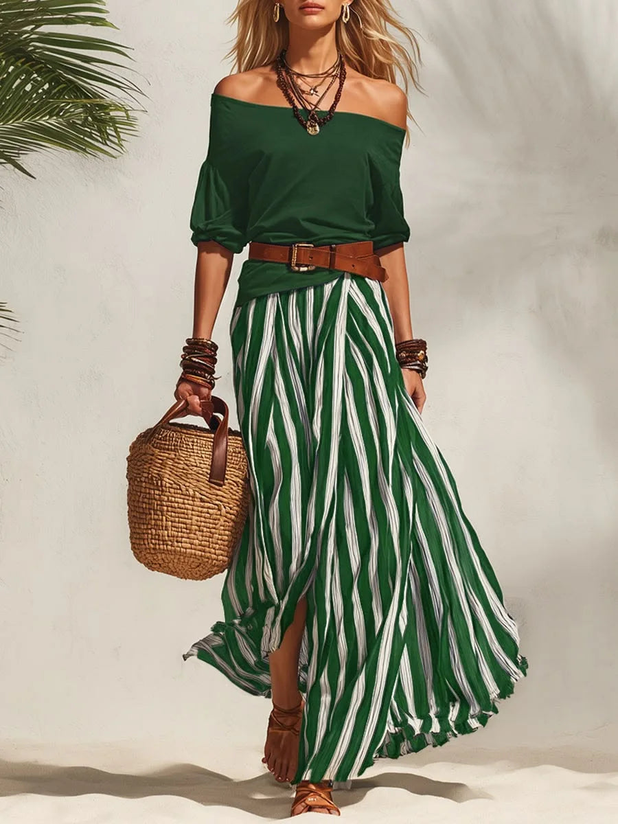 Women Multiple Colors Off Shoulder Puff Sleeve Top Vertical Stripe Flowy Maxi Skirt 2 Piece Outfit Loose Casual Vacation Set
