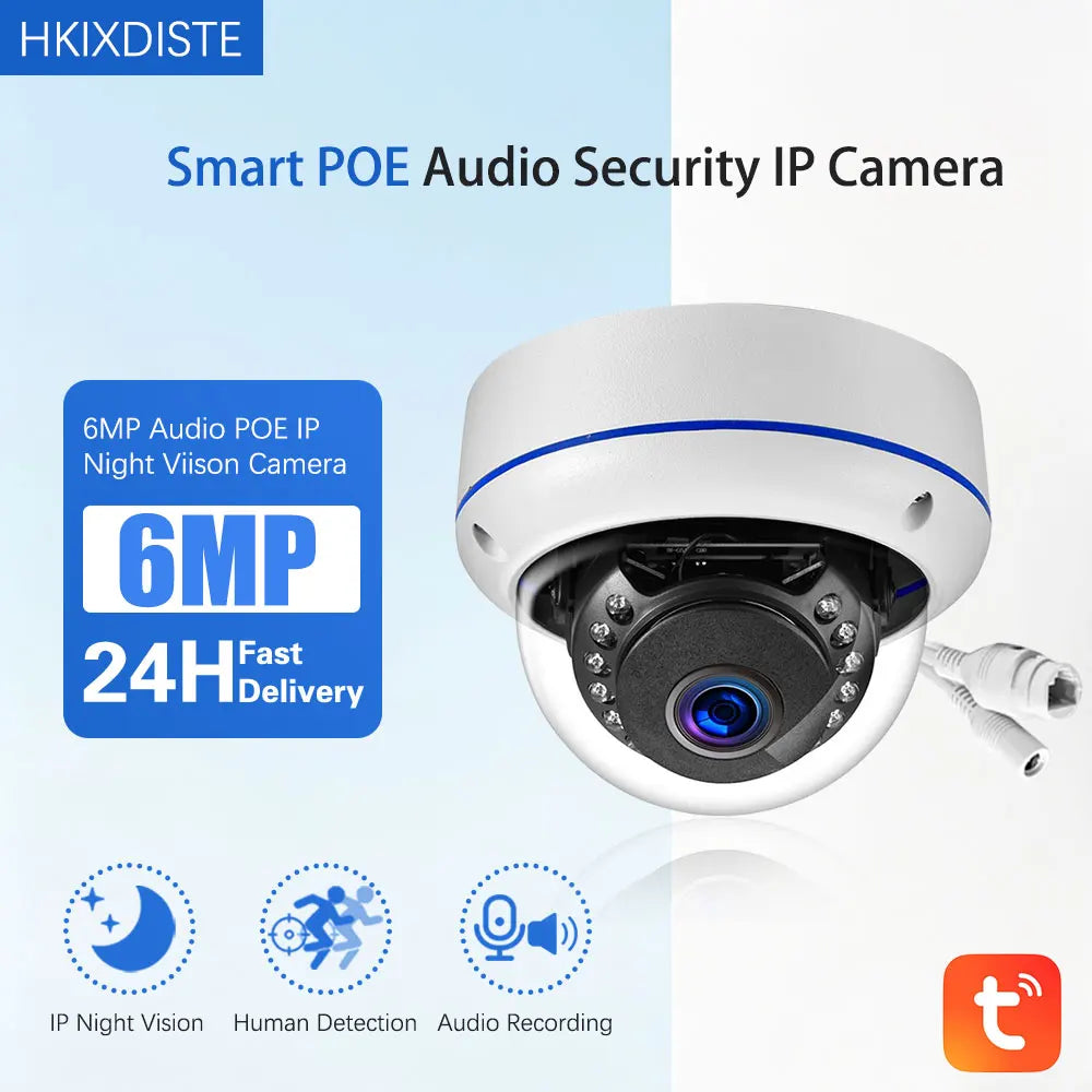 3.6mm Wide Angle Outdoors 6MP Tuya Smart Dome IP Camera Motion Detection POE CCTV 120 Degrees Security Video Surveillance Camera