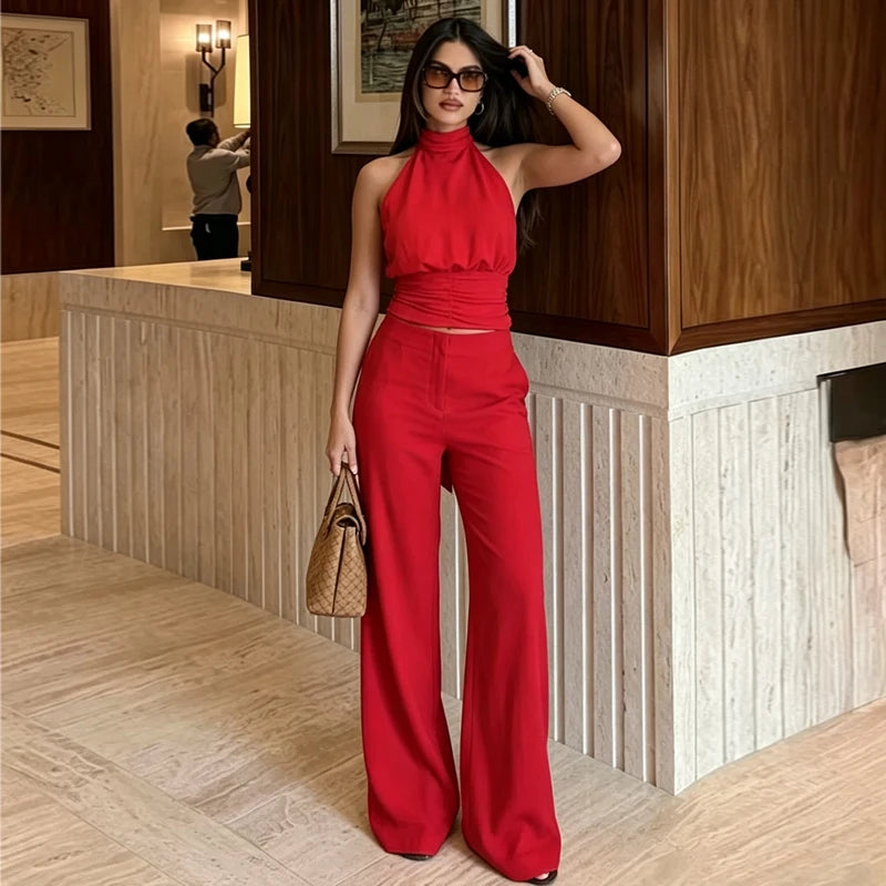 Women's Red Pants Sets Sexy Halter Backless Ruched Crop Tank Top Suit Elegant Female 2 Piece Sets Summer Woman New Matching Sets