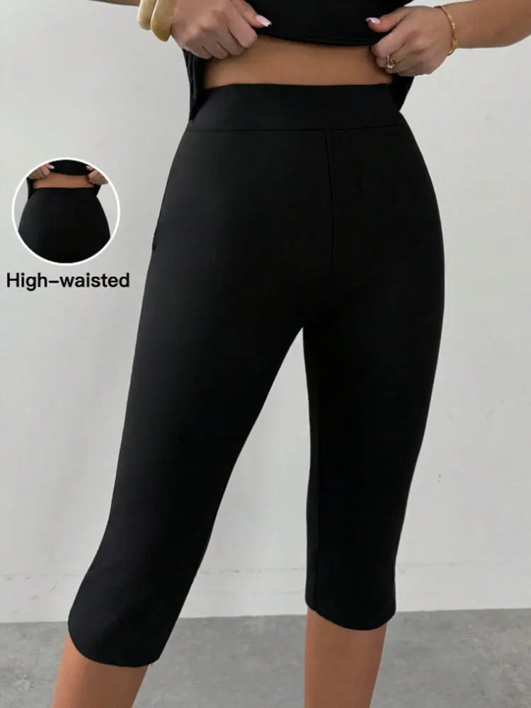 Womens Elegant Solid Black High Waist Capri Leggings Sexy Elastic Slim Breathable Bottom Four Seasons All Year Casual Sweatpants