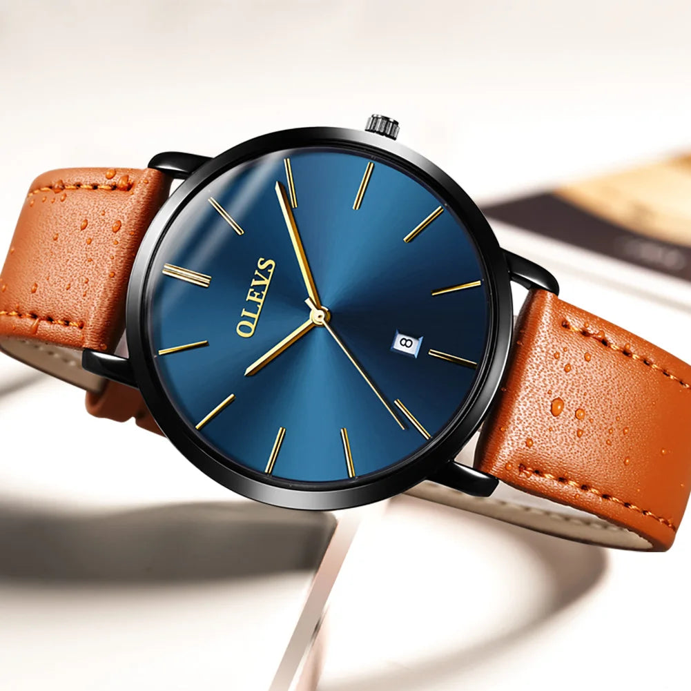OLEVS 5869 Ultra Thin 6.5mm Quartz Watch for Men Fashion Leather Strap Simple Luxury Auto Date Clock Men's Wristwatch Waterproof