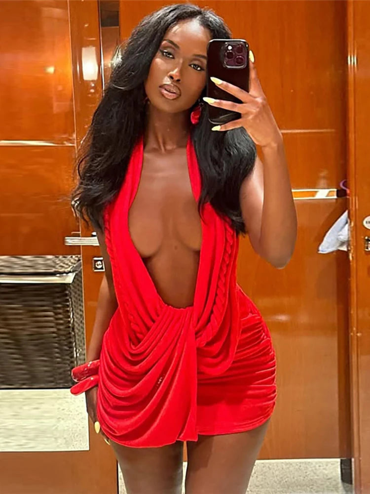 Nibber Backless Dress Woman Twist Bandage Halter Swing Collar Cleavage Sleeveless Midnight Club Party Sexy Fashion Mini Bodycon