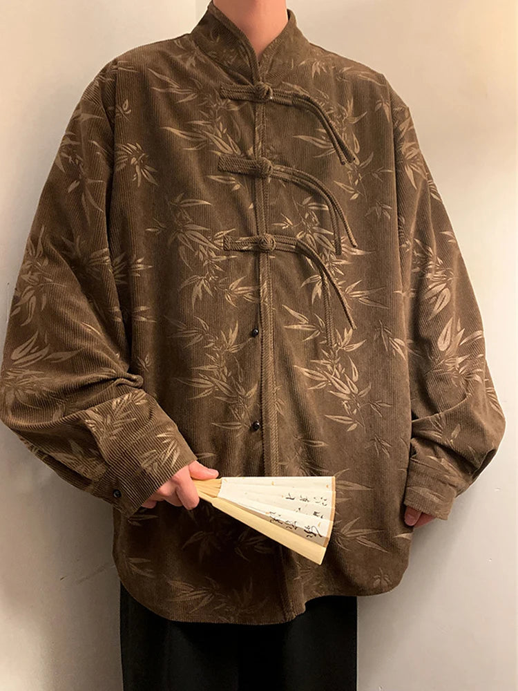 Autumn Retro Single-breast Button Long Sleeve Shirts For Men Graphic Printed Harajuku Corduroy Shirt Y2K Streetwear Tshirts