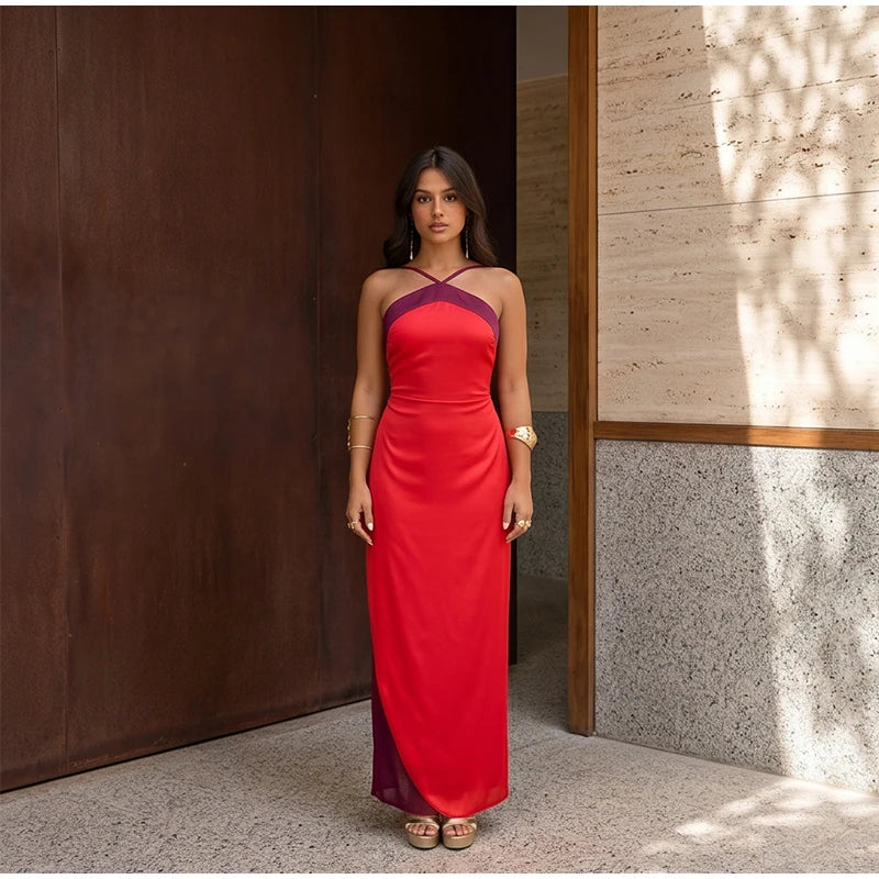  Women Sexy Color Blocking Halter Maxi Dresses Elegant Backless Off shoulder Sleeveless Slim Gowns 2026 New Lady Party Vestidos