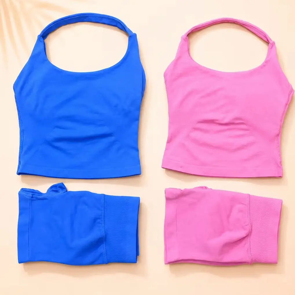 2DF-LOgo Women Halter 2Pcs Yoga Outfit PaddedCrop Tank High Waist Peach Butt ShortsSeamless Gym Pilates Sportswear