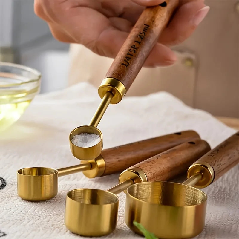 4pcs Golden Measuring Cups and Spoons Set Stainless Steel Measuring Cups Spoons Set with Wooden Handle Baking Kitchen Gadgets