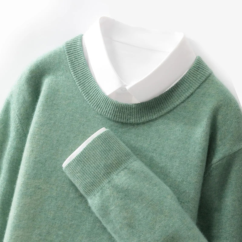 100% wool men's round neck solid color loose knit cashmere pullover for business and leisure, keeping warm in autumn and winter