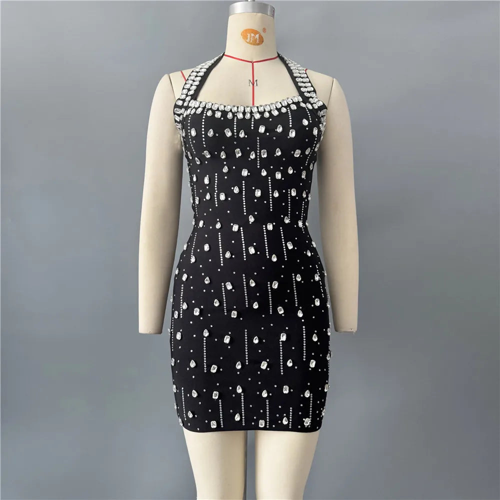 Luxury Diamond Rhinestone Women Summer Halter Bandage Dress Club Evening Party Mini Dresses