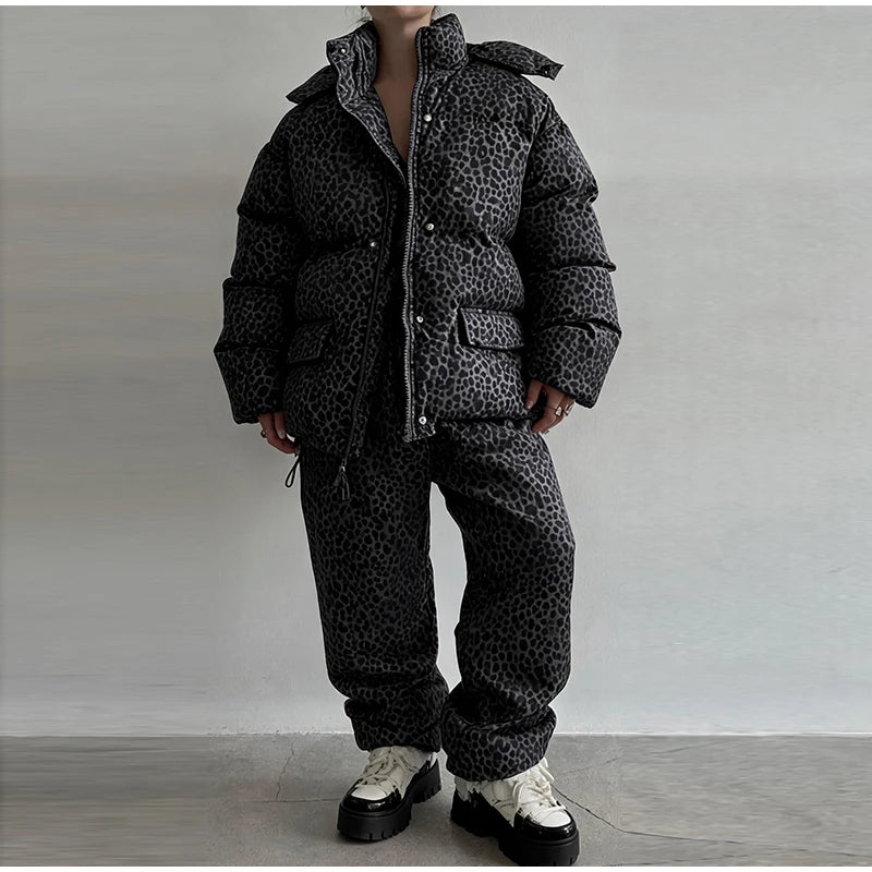 Leopard Print Women's Winter Down Jacket Pant Set Hooded Full Sleeve Zipper Jacket Elastic Waist Pants 2026 Warm Padded Coat Set