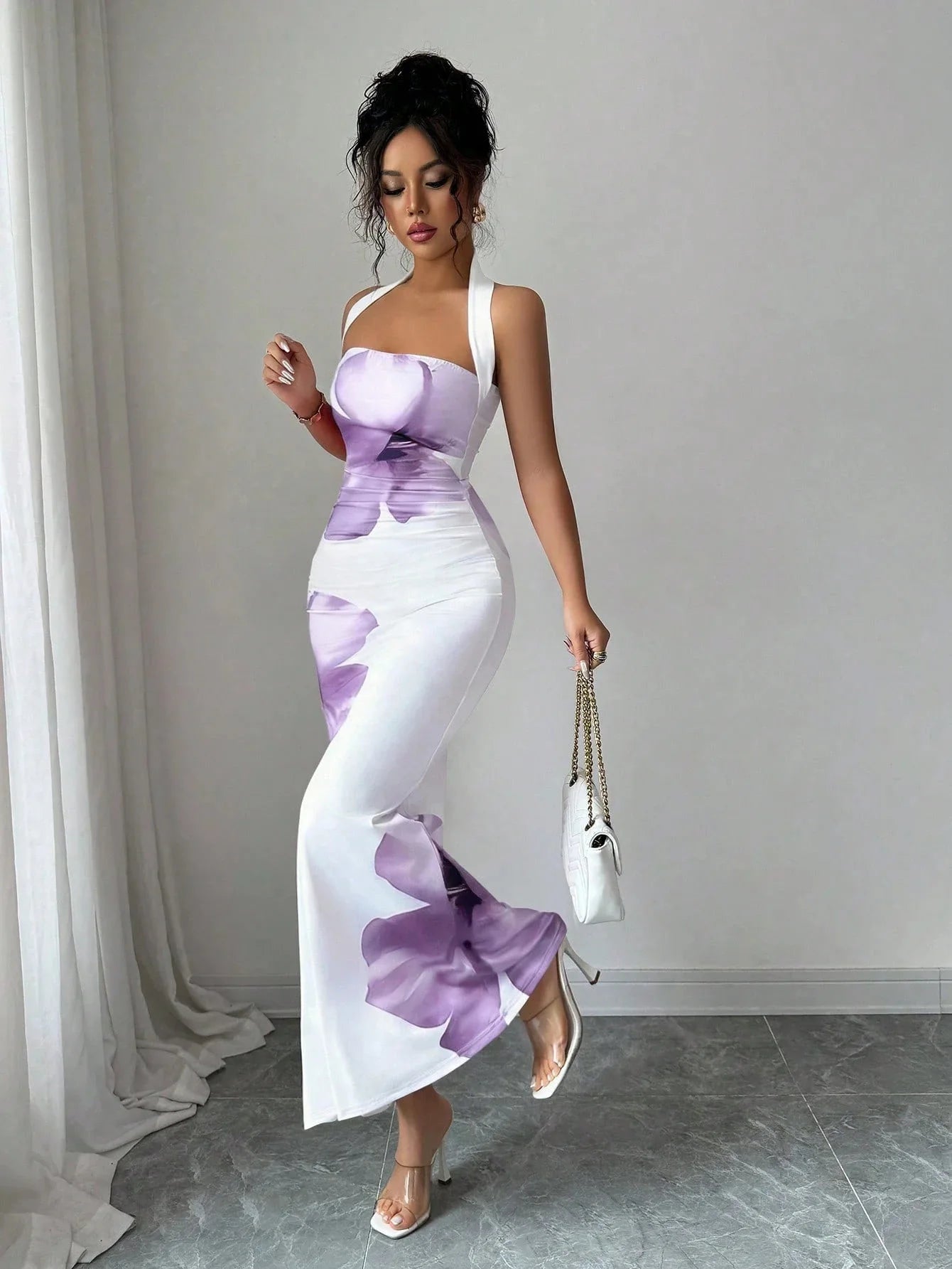 Women's 2026 New Popular Neck Halter Long Dress Hip-wrapped Printed Dress White Dress Birthday Dress for Women Summer Dress