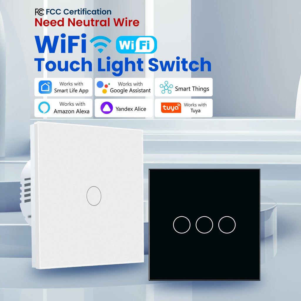 LOUYSGEN Wifi Smart Switch 1Gang 2Gang 3Gang Wall Light Switch Neutral Wire Glass Tuya APP Compatible Smart Life Alexa