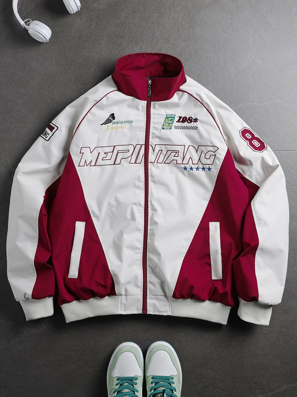 Men's American Street Retro Color Block Stand Collar Jacket Zip Up Loose Trendy Letter Print Fashion Casual Streetwear Coat