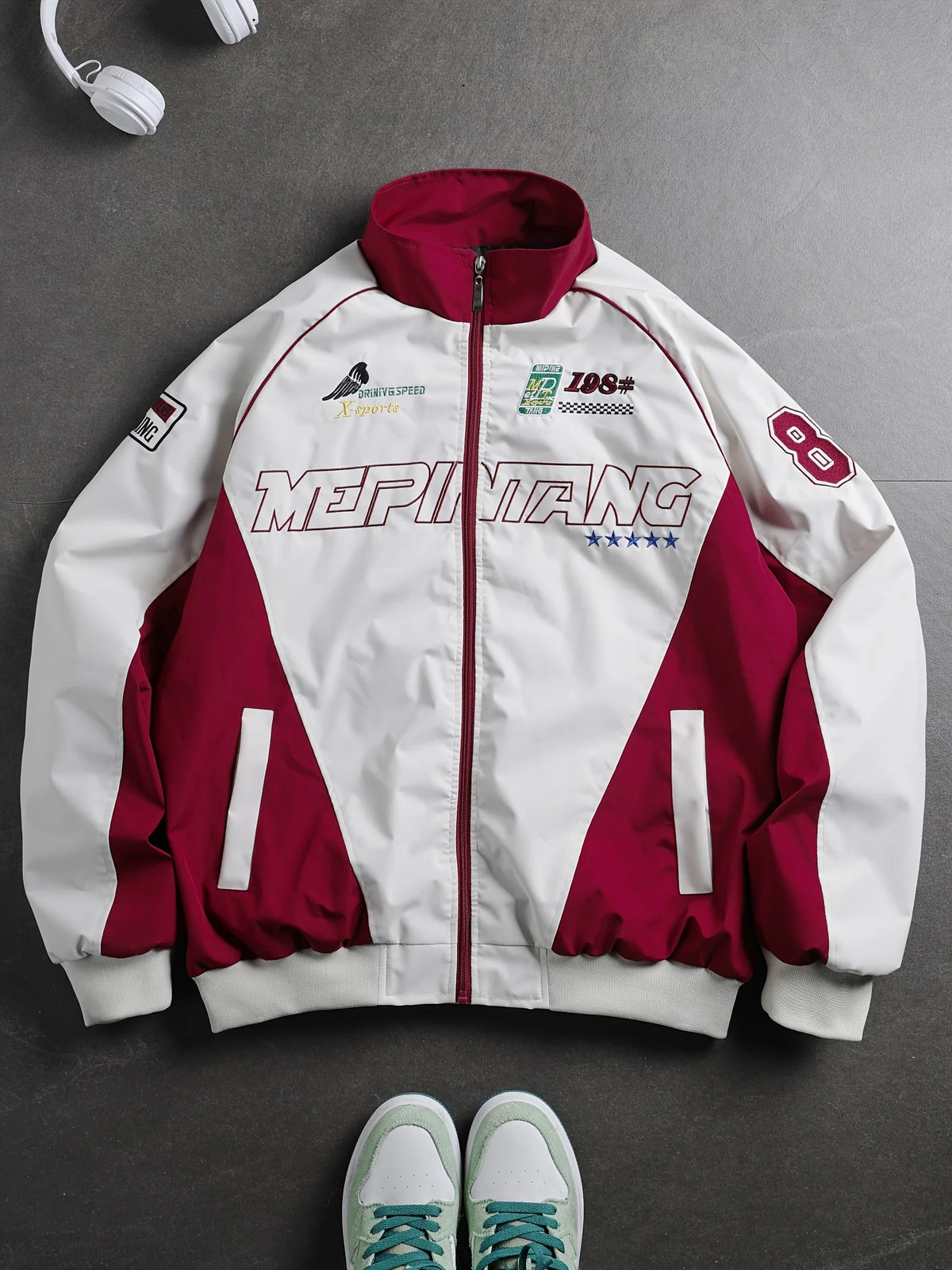 Men's American Street Retro Color Block Stand Collar Jacket Zip Up Loose Trendy Letter Print Fashion Casual Streetwear Coat