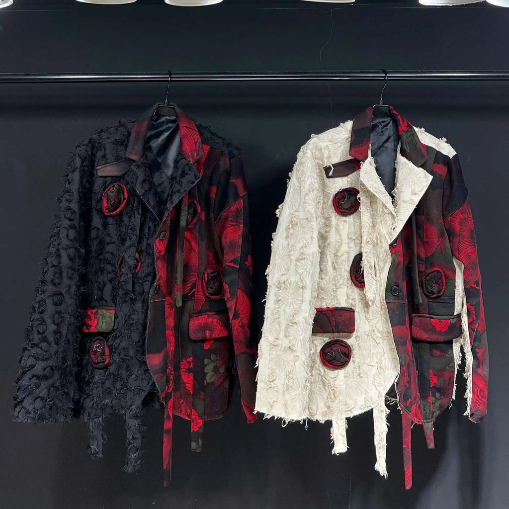 PFHQ Design Silhouette Suit Jacket Autumn 2024 New Loose Slimming Splicin Knitted Red Flowers Contrast Color Male Tops