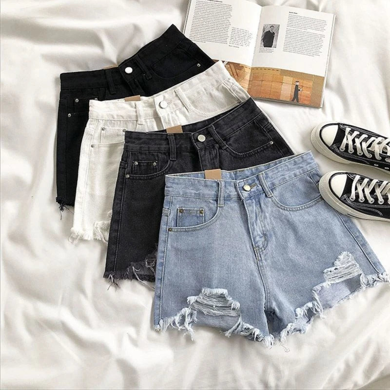 Women High Waist Ripped Denim Shorts Korean Y2K Streetwear Tassel Pocket Summer Casual Blue Jeans Pants Fashion Street Trousers