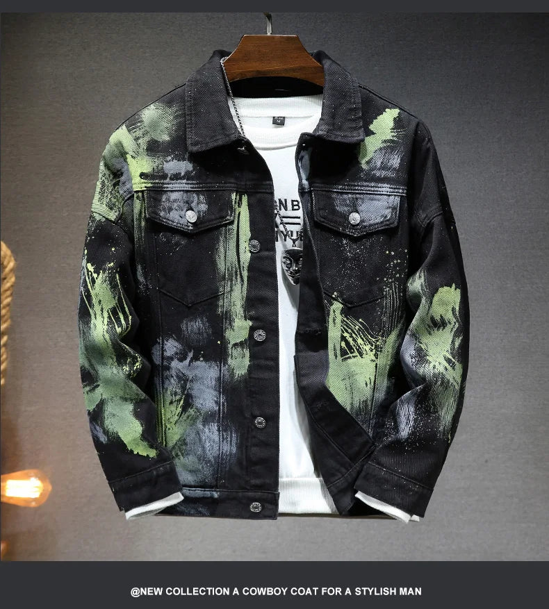Fashion 2026 Spring Autumn Men's Cotton Denim Jacket Casual Printed Jeans Hip Hop Streetwear Loose Denim Coat Youth Top Clothing