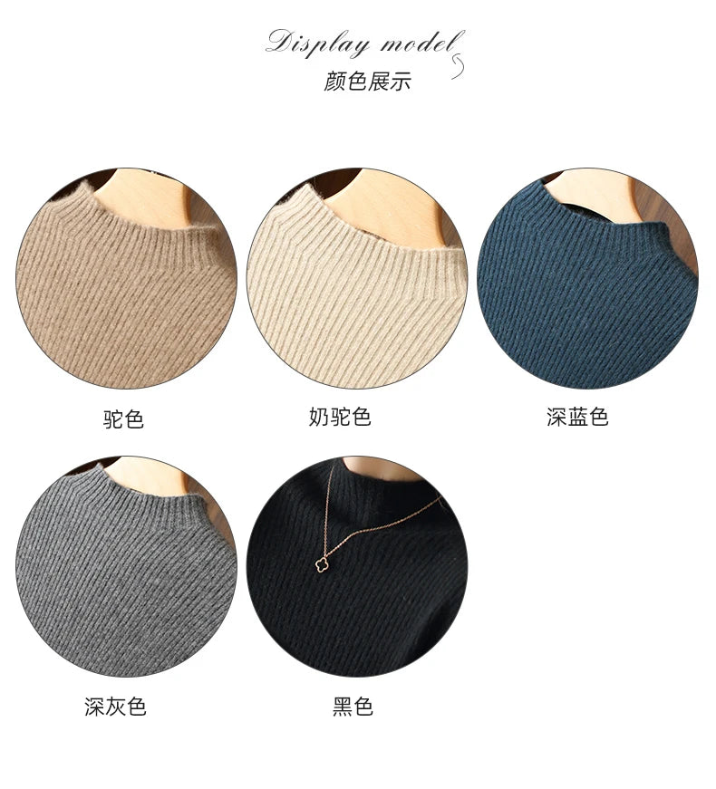 Autumn and winter semi high neck drawstring high elasticity slim fit 100% wool pullover dress, mid length over knee cashmere