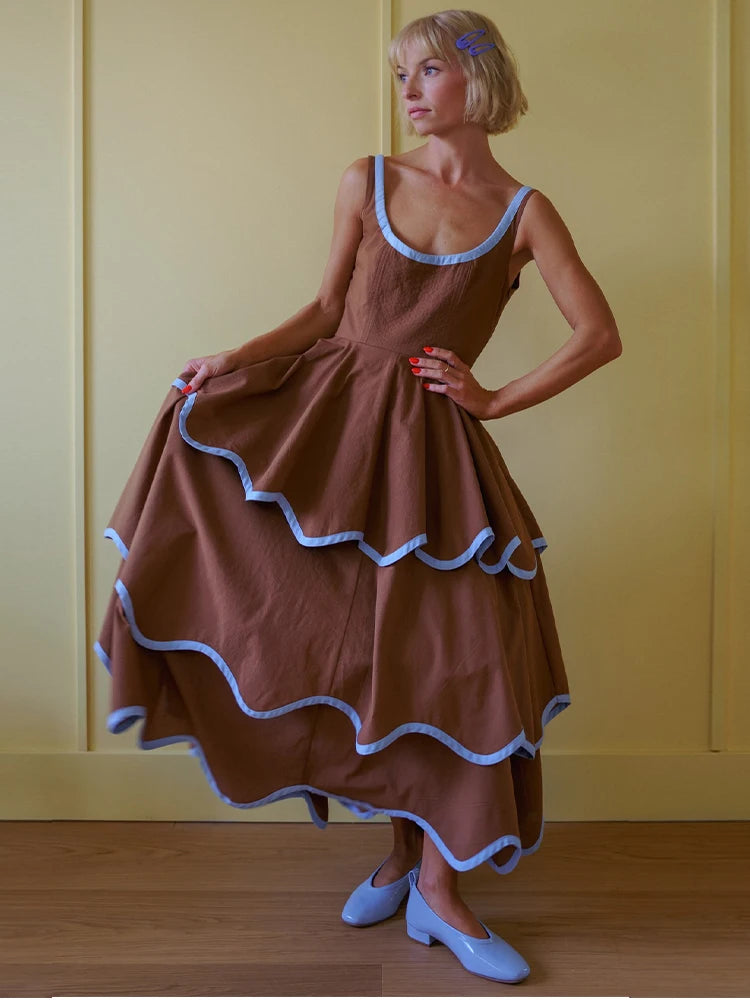 Fashion Women's Dress Round Neck Strapless Sleeveless Cascading Ruffled Hem Dresses Chic 2026 Summer New Daily Wear Ladies Robes