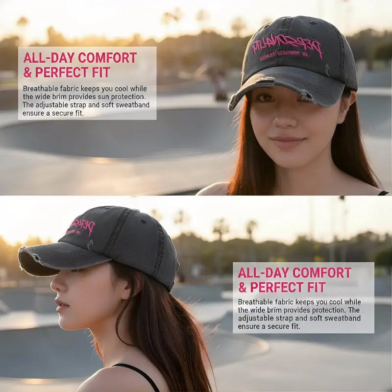 Retro Baseball Cap For Women Summer Washed Denim Letter Sun Hat Wide Brim Fashionable Duckbill Cap