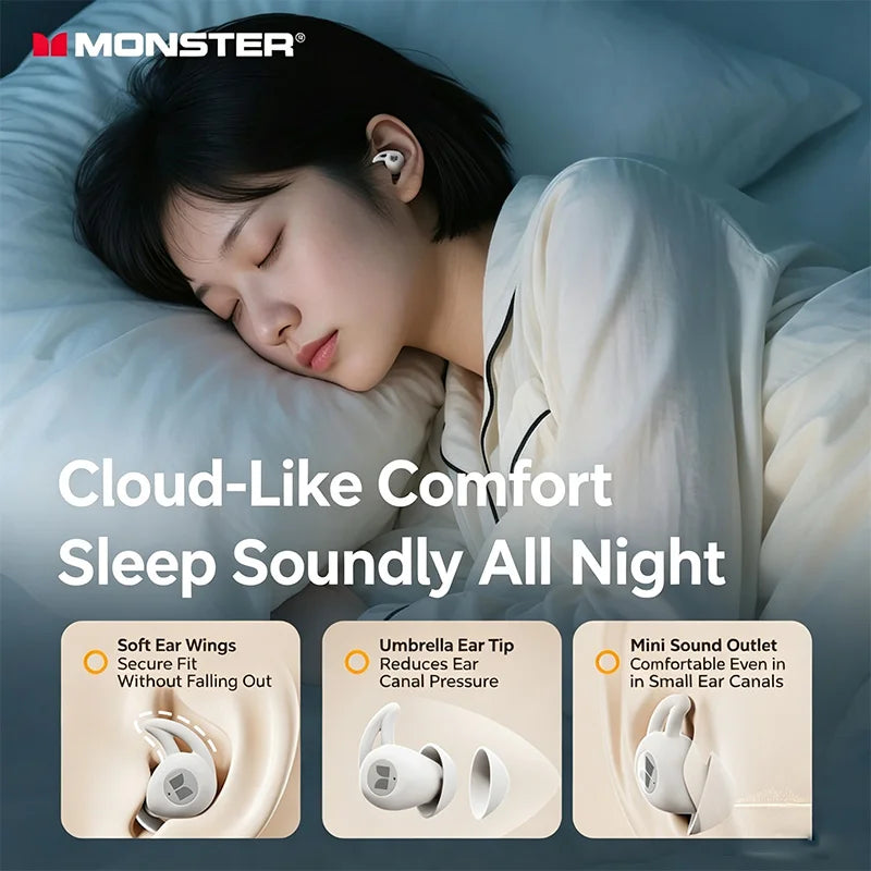 MONSTER GT31 Bluetooth Earphones Wireless Zero-Pressure Earbuds Noise Cancelling Sleep Aid Headphone HiFi Stereo Sound
