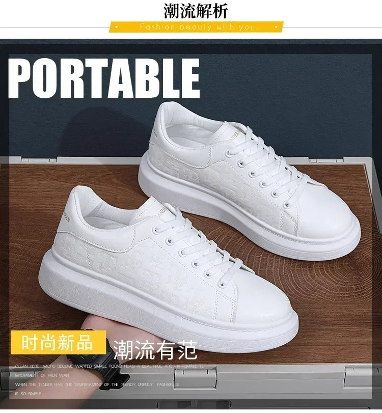 2026 Men's Casual Shoes Spring and Autumn Flat-soled Casual Leather Shoes Sports Shoes Black and White Men's Thick-soled Shoes