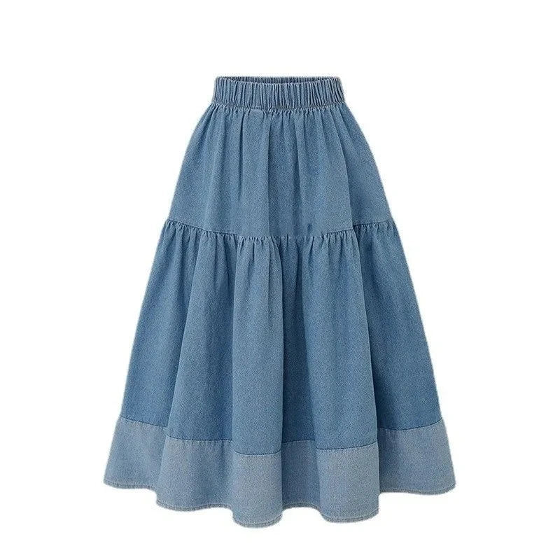 Blue Denim Skirt Womens High Waist Tiered Long Skirts Denim Elastic Casual Dress Elastic Waist A Line Jeans Skirt Girls Clothes