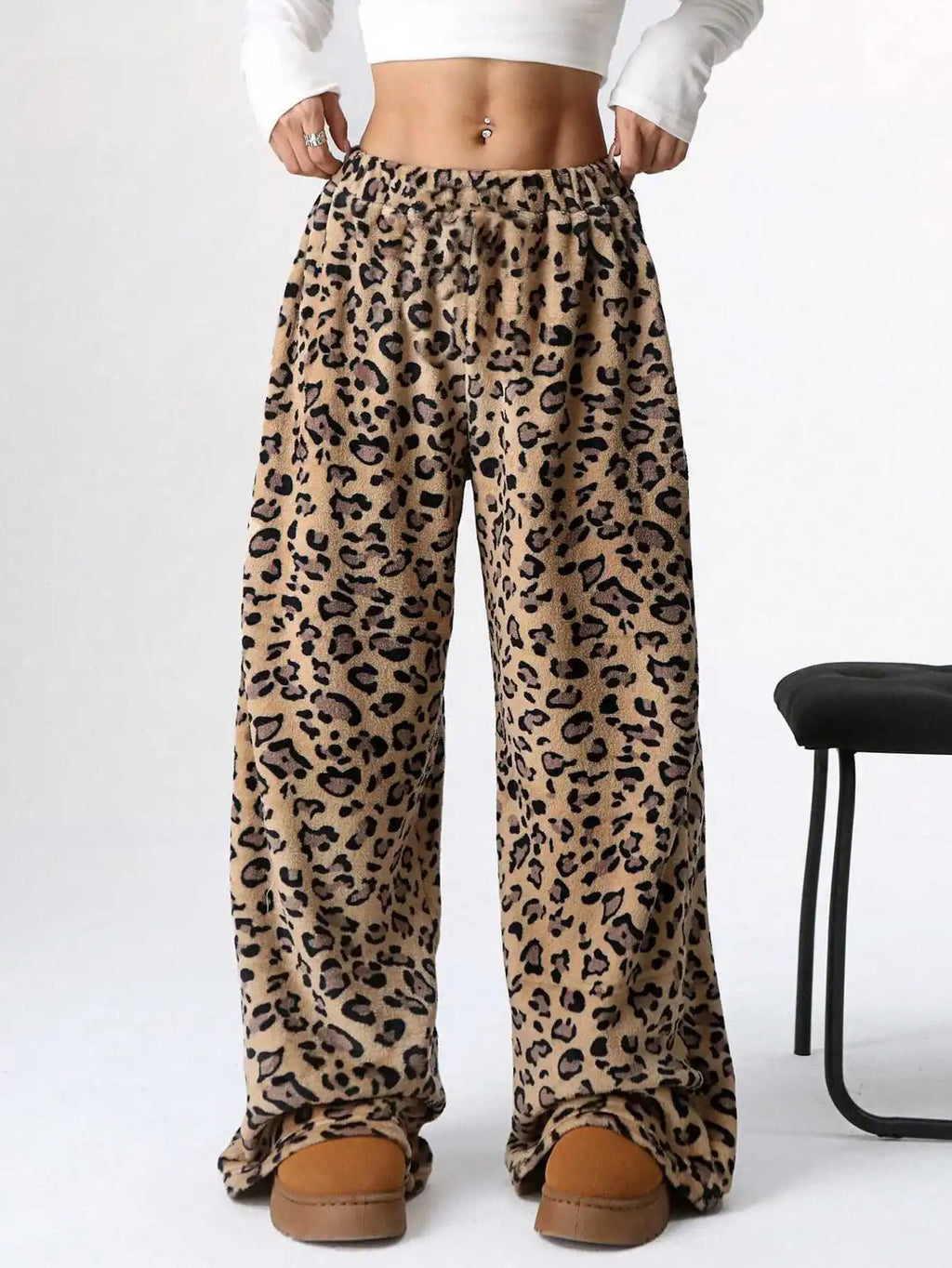 Women Casual Trousers Elastic Waistband Drawstring Tie Pajama Bottoms Leopard Print Wide Leg Lounge Pants
