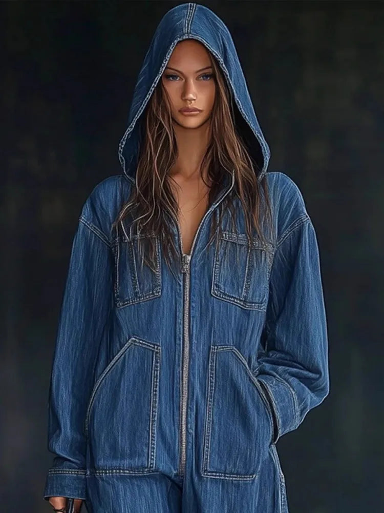Women Denim Jumpsuits For Autumn Winter Long Sleeve Bandage Loose Fashion Streetwear Overalls Wide Leg Pants Jeans 2025