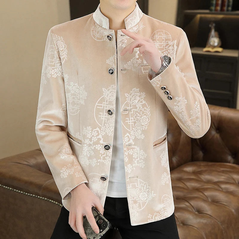 Blazer New Men's Fashion Business Gentleman Wedding English Style Banquet Chinese Jacquard Satin Outdoor Casual Slim Blazer