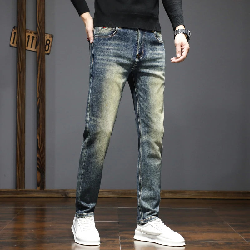 High-quality American retro jeans men's 2025 autumn new micro-elastic popular wear-resistant wash slim straight pants