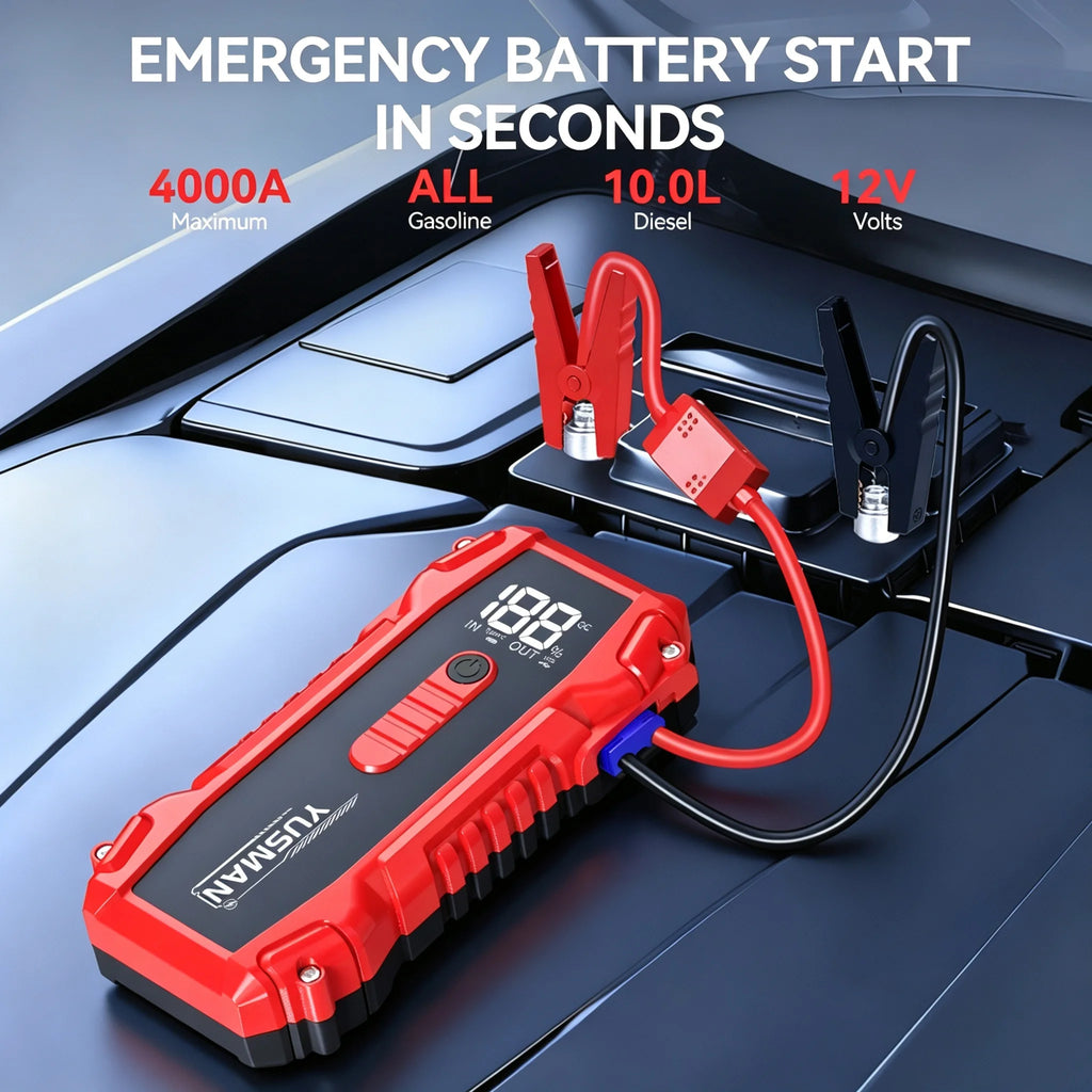 4000A Peak Current, 21800mAh Jump Starter – Supports 12V Vehicle Starting, Portable Power Bank, and Flashlight