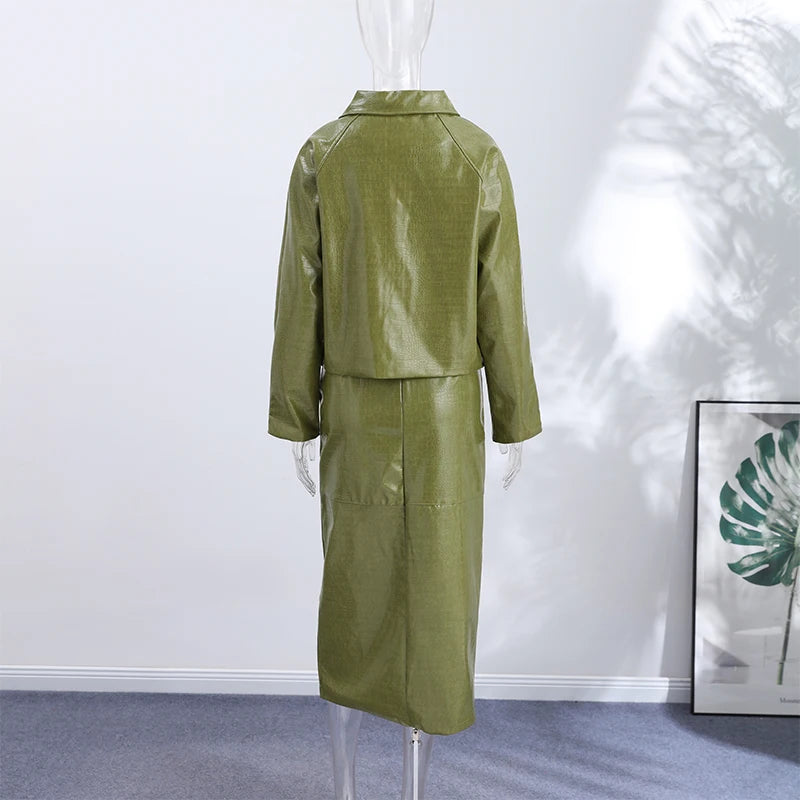 Women's Skirt Sets Crocodile Faux Leather Lapel Long Sleeve Button Oversized Jackets Straight Skirts Autumn Female Loose Outfits
