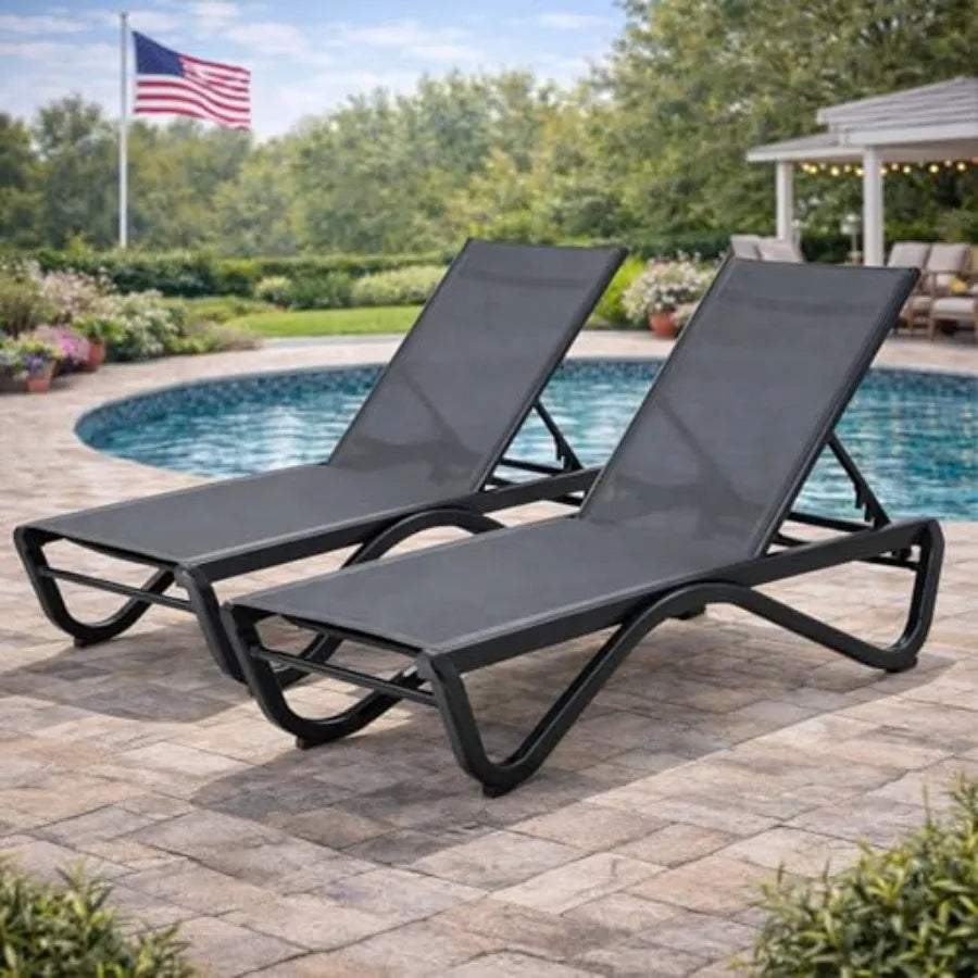Outdoor Chaise Lounge for Poolside, Sunbathing Backyard: All Aluminum Frame + Textilene Fabric, Fully Flat Adjustable Reclining