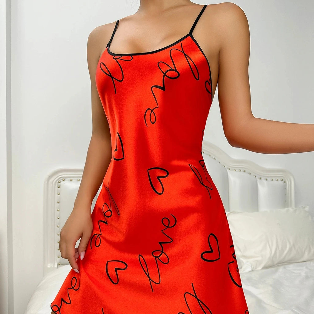 Heart Print Nightdress Elegant Scoop Neck Criss Cross Back Sleep Dress Women's Sleepwear