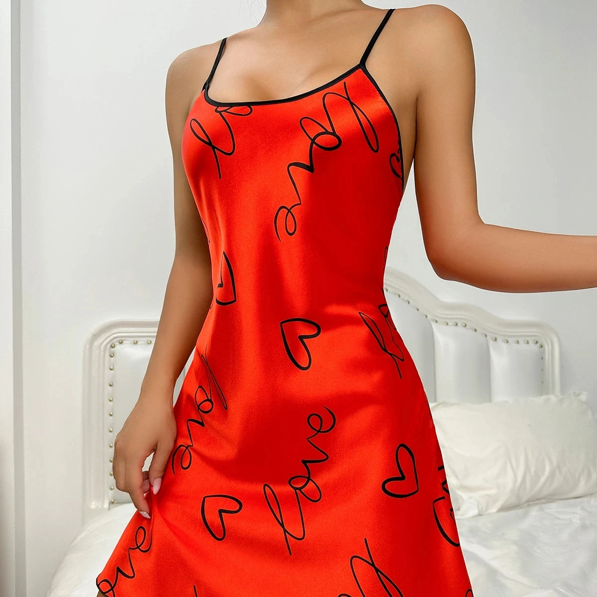 Heart Print Nightdress Elegant Scoop Neck Criss Cross Back Sleep Dress Women's Sleepwear