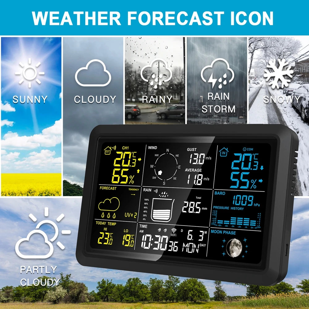 Tuya Wireless Weather Station Auto Alarm Clock Calendar Thermo-Hygrometer UV Wind Rainfall Gauge Solar Panel Forecast Sensor